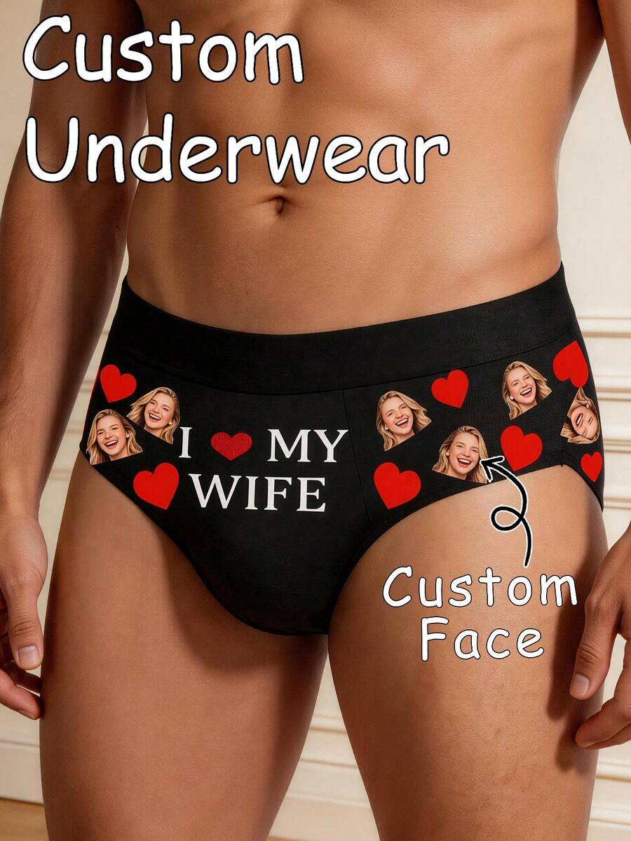 1pc Personalized Men's Underwear With Custom Face Photo And Text Print, Funny Novelty Gift, Valentine's Day Summer Beach Wear - Black - View 1