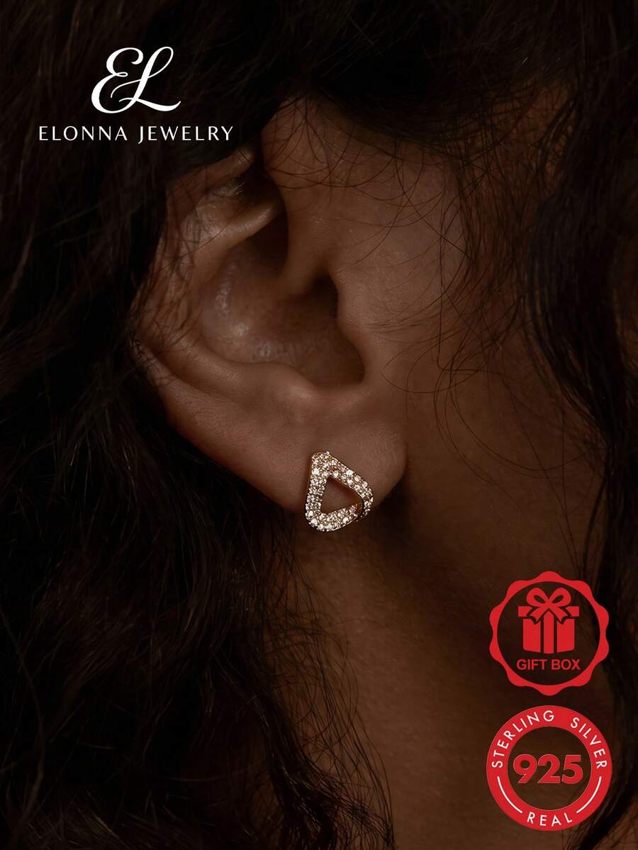 SYMFNY 1 Pair 925 Sterling Silver Cubic Zirconia Geometric Stud Earrings, Suitable For Women's Vacation And Daily Wear - Yellow Gold - View 1