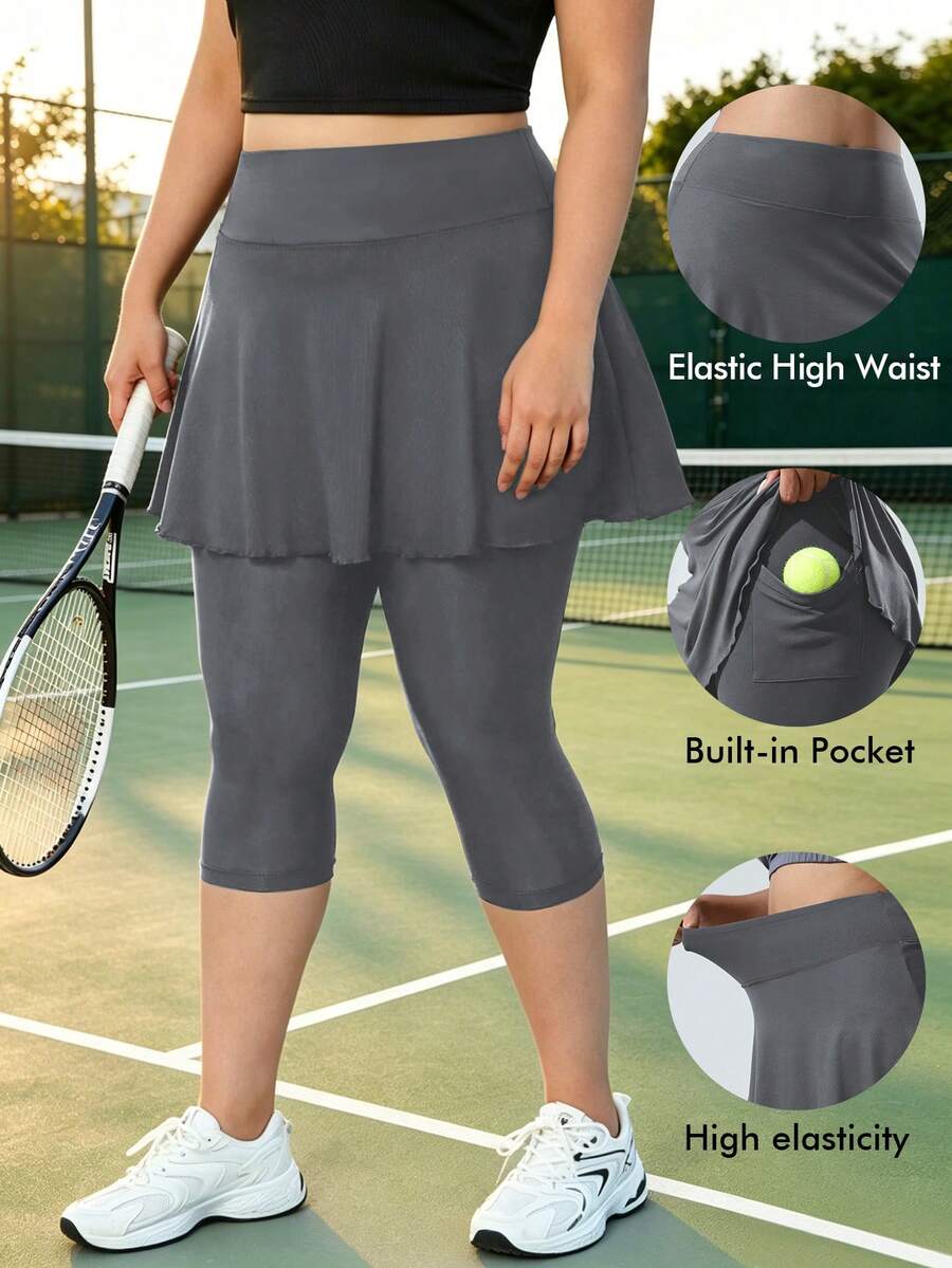 Plus Size Women's High Waist Leggings, 2-In-1 Skorts, With Inner Pockets, Capri Length Yoga Pants, Suitable For Sports, Tennis And Golf