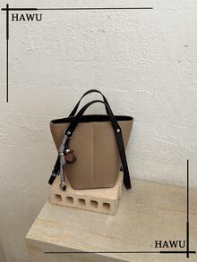 Two‑Tone Faux Leather Medium Tote Bag For Women, Contrast Handle Shoulder Handbag, Bucket Purse With Cute Hanging Charm Accessory - Khaki - View 8