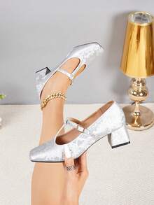 French Style Textured Square Toe T-Strap Women's Shoes With Adjustable Buckle Design, 4.5cm Chunky Heel, Comfortable For Long Wear, Versatile For Work And Parties - Silver - View 6
