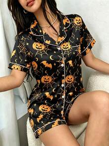 Dreamivo Women's Halloween Skull Ghost Pumpkin Print Collared Button-Up Shirt With Pockets Short Sleeve Top And Printed Shorts 2-Piece Pajama Set - Multicolor - View 4