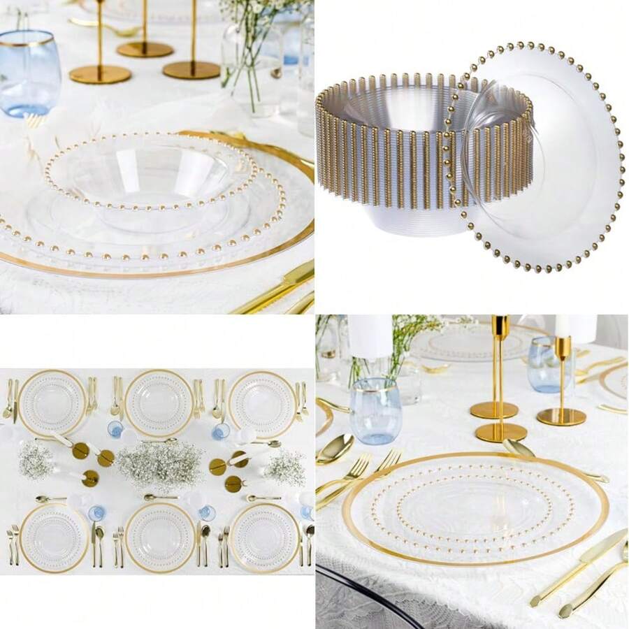 Pcs Plastic Dinner Plates Bowls Disposable Plastic Fancy Heavy Duty Party Dishes 12 Oz Clear And Gold Bead Bowls - Clear Gold Beaded Collection 12 oz Bowls - View 1