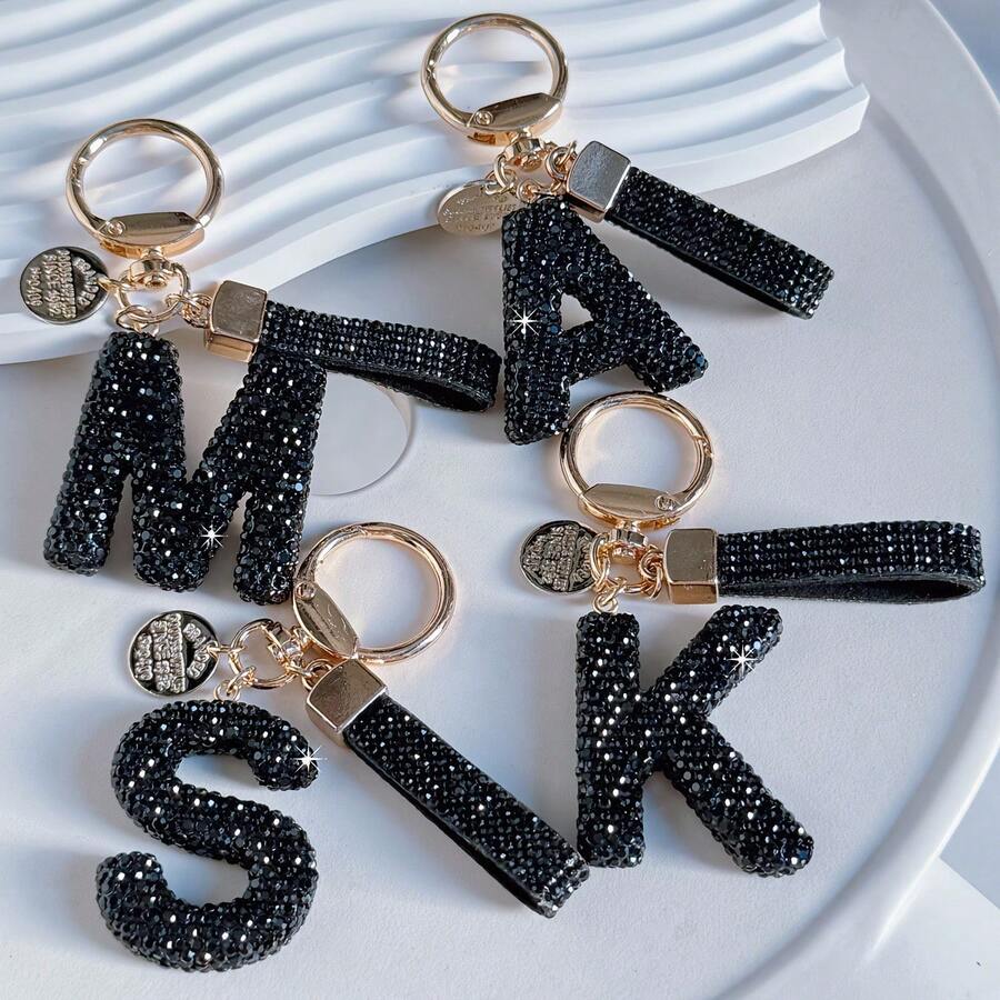 Beautiful Letter Keychain Faux Rhinestone Alphabet Elegant Black Gold Women's/Men's Accessories Suitable For Birthday Anniversary Gifts - Black - View 1