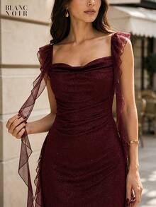 Burgundy| Women's Elegant Burgundy Sequin Mesh Ruffle Trim Bodycon Maxi Dress - 酒紅色 - 查看 6