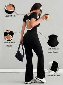 VENORA Contrast Trim Square Neck Cut Out Back Short Sleeve Flare Jumpsuit, Slim Fit High Waist Bodycon Jumpsuit For Daily Sports,Fall,Gym - Black - View 3
