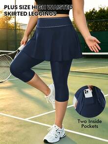 Plus Size Women's High Waist Tight Leggings, 2-In-1 Pants, With Inner Pockets, Capri Yoga Pants, Suitable For Sports, Tennis And Golf - Navy Blue - View 5