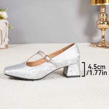 French Style Textured Square Toe T-Strap Women's Shoes With Adjustable Buckle Design, 4.5cm Chunky Heel, Comfortable For Long Wear, Versatile For Work And Parties - Silver - View 8