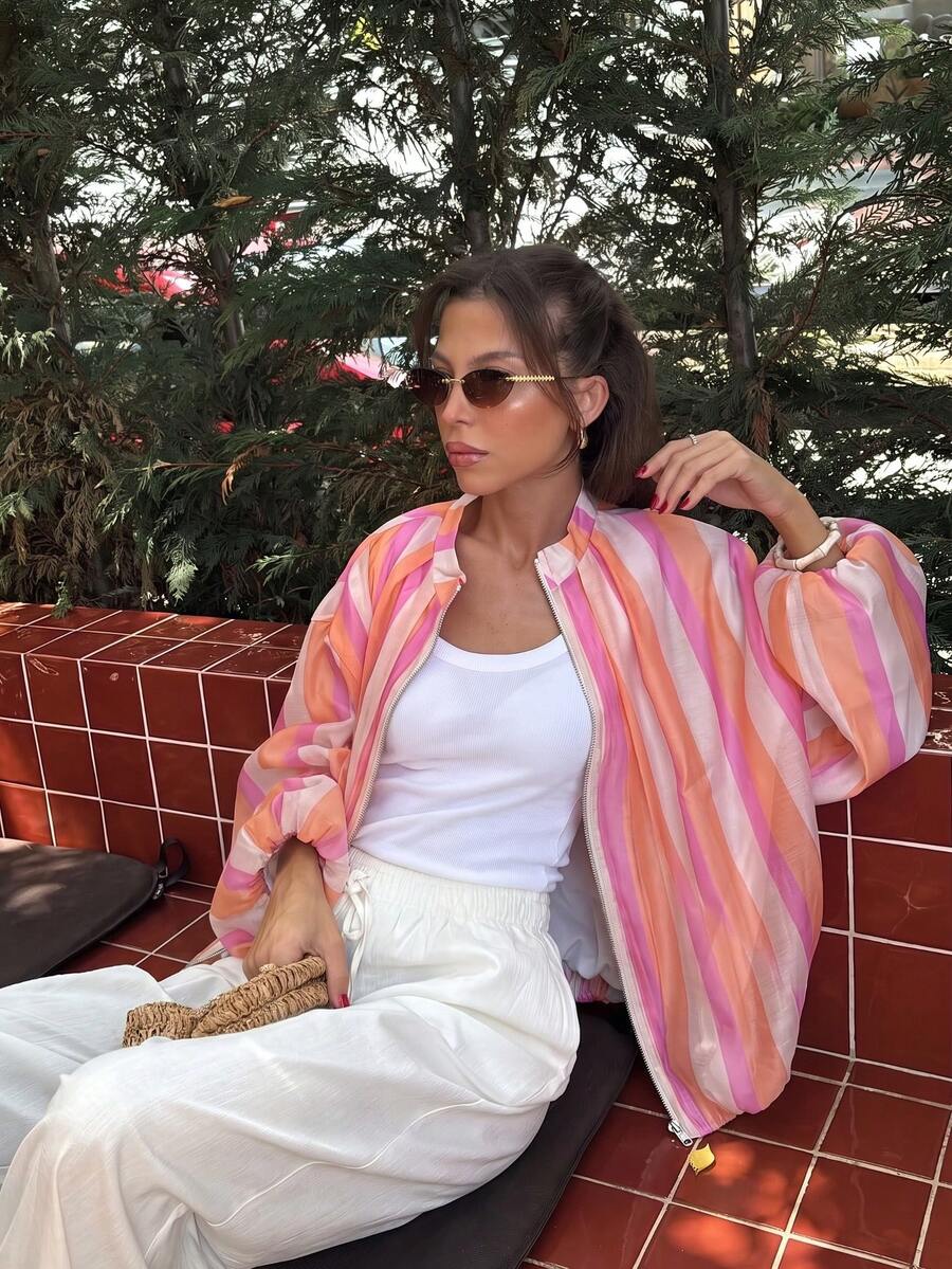 GMFP 女款多色直條紋立領短版拉鍊外套,對比設計休閒度假風女裝外套 - 圖片色 - 查看 1