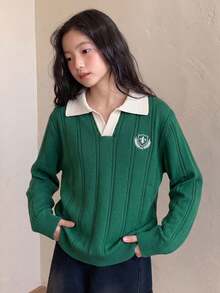 Teen Girls Colorblock Polo Collar Loose Knit Sweater Autumn Collegiate Style Badge Embroidery - Green - View 5