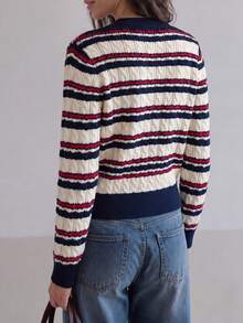 Sweater Pullover Leher V Bergaris Gaya Preppy Musim Gugur/Dingin untuk Wanita - Navy Blue - View 2