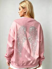 Women's Oversized Angel Wings Print Hoodie - Black Y2K Back Graphic Pullover,  Fall Winter  Streetwear , Comfy Oversized Silhouette2026 - 粉紅色2 - 查看 3