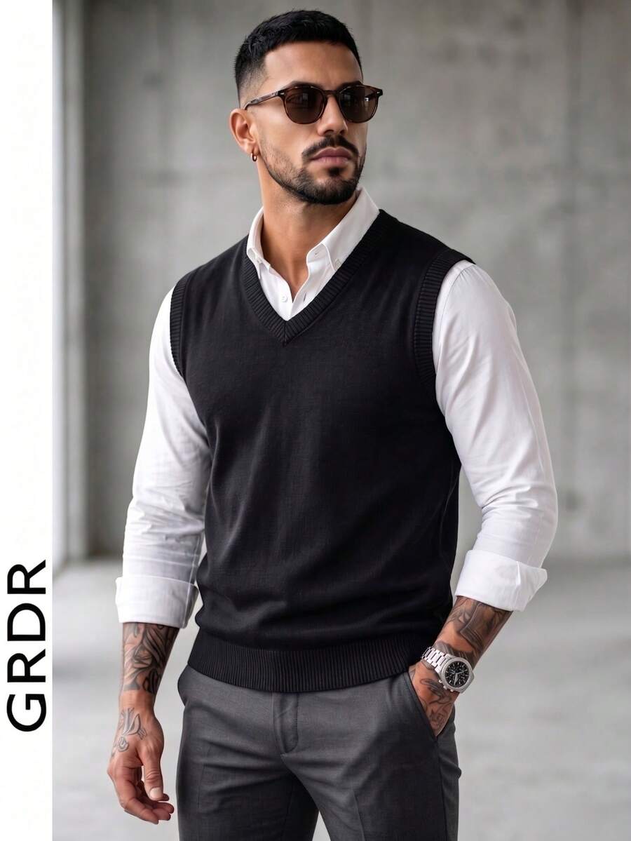 GRDR Men's Solid Color Casual Daily Wear Knitted Vest - Black - View 1