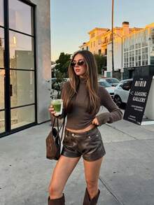 Sookaug Minimalist Old Money Style Semi-High Neck Knit Base Layer Top, Deep Brown Long Sleeve Slim Fit Flattering Autumn/Winter Sweater - Coffee Brown - View 2