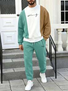 Men's Color Block Print Comfortable Versatile Crew Neck Drop Shoulder Sweatshirt And Pants Set - Multicolor - View 1