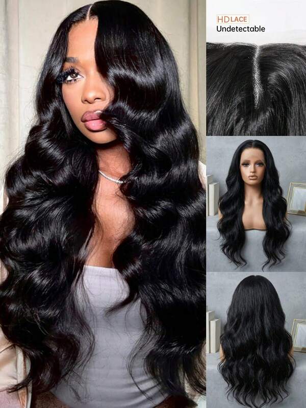 Black Long Wavy 13X4 Frontal Glueless Lace Wig For Women, Synthetic Heat-Resistant Hair, Natural-Looking 26 Inch, Ready To Wear For Daily Use, Cosplay, Halloween, Christmas