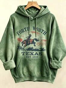 Women's Western Style Fort WorthTexasEST1849CowboyPatternHoodieSoftCrewNeckPulloverWith Cactus And Longhorn DesignComfortableCasualLongSleeve Sweater - 綠色4 - 查看 3