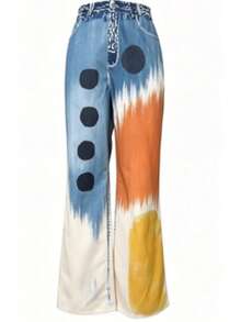 Women's High Waist Retro Art Splash Color Block Flare Trousers,Polka Dot Printed Loose Wide Leg Pants Boho Y2K Style For Beach/Vacation/Back To School - 花色 - 查看 5