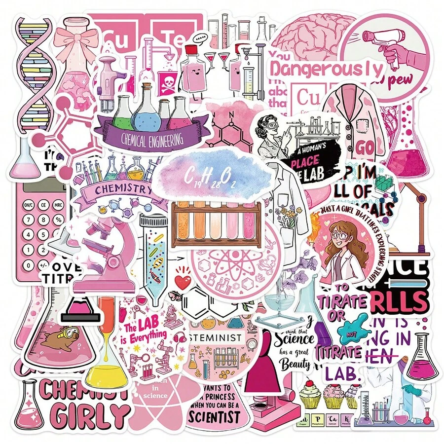 50pcs Cartoon Chemistry Reagent Science Chemistry Doodle Colorful Stickers, Vinyl Waterproof Stickers, Suitable For Water Bottles, Computers, Laptops, Phones, Luggage, Notebooks, Refrigerators - Multicolor - View 1