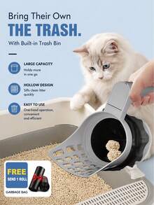 2pcs Large Capacity Cat Litter Scoop + 1 Garbage Bag, Contactless Design, Ergonomic Handle, Durable Plastic Structure, Easy To Clean, Suitable For Indoor/Outdoor Use, Indoor Pet Care, Modern Pet Supplies, Sturdy Structure - Grey - View 4