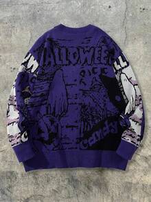 ANDREILEE Men's New Halloween Autumn Winter Casual Loose Minimalist V-Neck Button-Up Cardigan Sweater With Cute Cartoon Pattern And English Letter, Long Sleeve Knit Jacket - Purple - View 4
