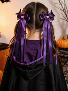 2pcs Girls Halloween Dark Lace Bow Bat Decor Ribbon Ponytail Hair Clips - Purple - View 1