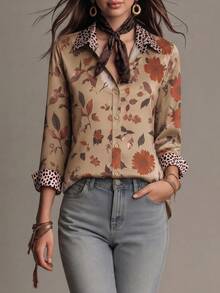 Women's Autumn Random Floral Print Pattern Top With Leopard Print Cuff Design, Fashionable Elegant Casual Commute Daily Wear Shirt For Autumn/Winter - Light Brown - View 4