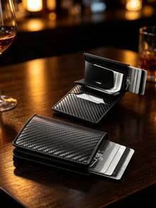 6/1pc Men's Slim RFID Wallet, Auto-Eject Card Holder, Black Aluminum Alloy, Solid Plain, Lightweight, All-Season Casual, For Daily Commute. - Multicolor - View 3