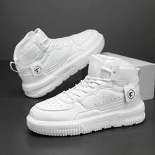 Men's White High-Top Skateboard Sneakers, Lace-Up Design, Serrated Pattern Thick Sole Casual Shoes - White - View 4
