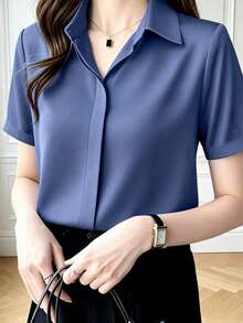 Camisa de seda de manga corta con diseño, suave y elegante, de satén para verano y primavera - Azul - Ver 4