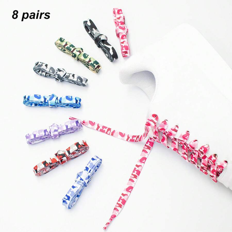 8 Pairs/4 Pairs (0.32 Inch Wide) Flat Camouflage Pattern Shoelaces, Convenient For Daily Replacement, Suitable For DIY Decoration