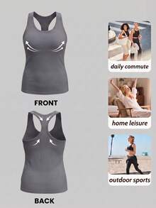 Plus Size 2-In-1 Ribbed Tank Top Built-In Molded Cup Racerback Cami For Women Fall Layering Daily - Grey - View 7