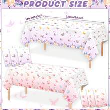 蝴蝶花卉派對桌布 粉色+紫色漸層一次性長方形桌布 130*220cm 夢幻蝴蝶生日派對婚禮嬰兒洗禮女孩生日桌飾 - 彩色 - 查看 2