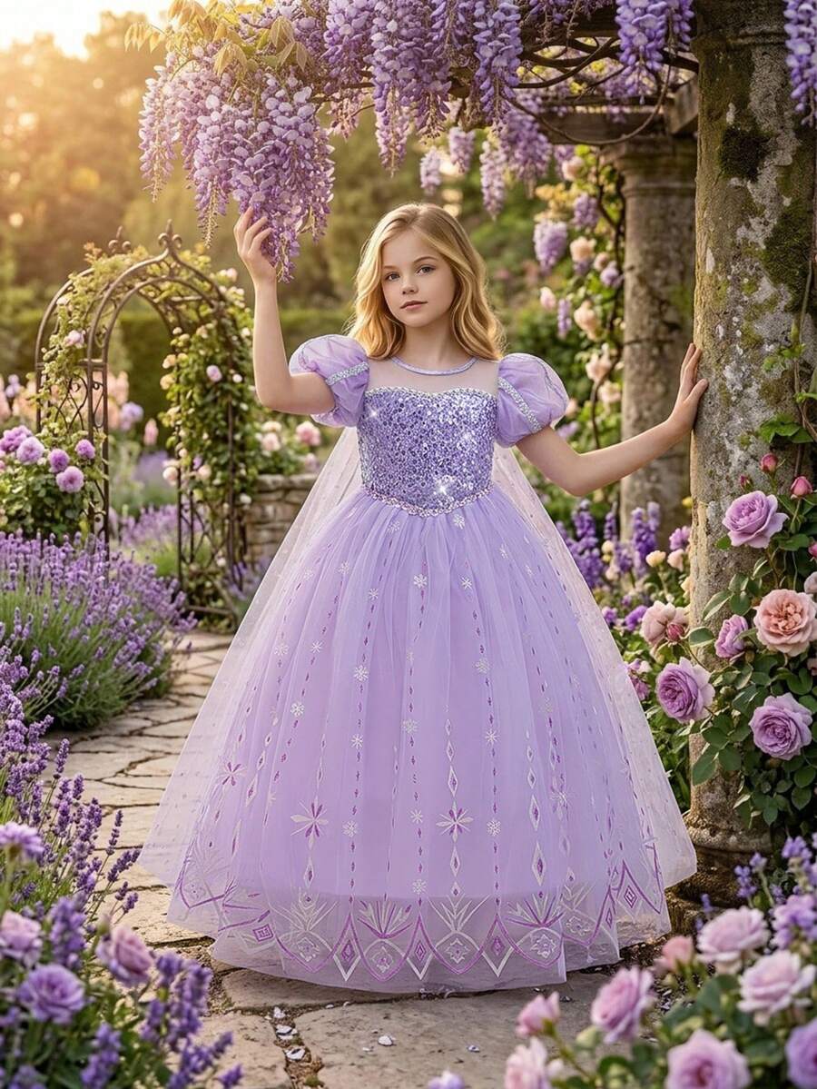 Young Girls Sequin Snowflake Tutu Mesh Elegant Princess Dress With Cape, Suitable For Party, Headband Not Included - Mauve Purple - View 1