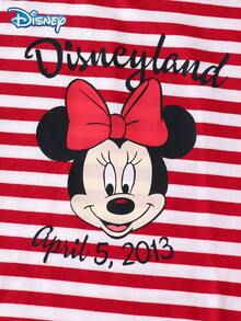 Disney 女嬰 T-shirt 套裝，夏季迪士尼復古甜美風，修身圓領紅白條紋米妮鼠印花短袖 T-shirt + 純紅色短褲 2 件套，休閒日常穿著、度假、派對、聚會，適合 3 歲以下幼兒 - 紅色 - 查看 4