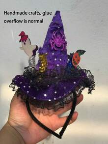 Mini Purple Witch Hat Headband, Halloween Lace Pointed Wizard Headband With Glitter Spider Ghost Pumpkin Decor, Girls Cosplay Party Hair Accessories - Multicolor - View 4