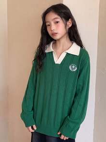 Teen Girls Colorblock Polo Collar Loose Knit Sweater Autumn Collegiate Style Badge Embroidery - Green - View 7