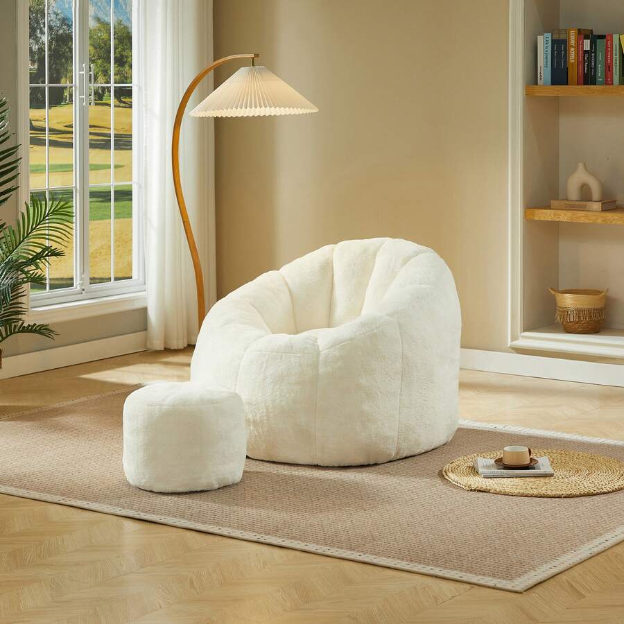 Cozy Flower Bean Bag With Footrest - Grey - 白色 - 查看 1