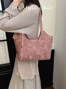 Dark Textured Plum Blossom Print Tote Bag, Large Capacity For Books And Laptop, Adjustable Shoulder Strap, Zipper Closure, Artistic New Chinese Style, Shoulder Bag For Daily School, Commute, Work And Outdoor Travel - Pink - View 6