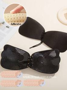 1pc Adjustable Drawstring Thickened Silicone Invisible Bra Pad, Strapless Push-Up Inner Pad, Suitable For Dress Outfit; Comes With 30pcs Nipple Covers - Black - View 1