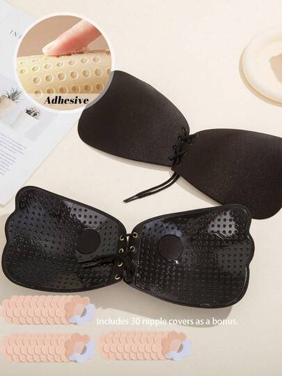 1pc Adjustable Drawstring Thickened Silicone Invisible Bra Pad, Strapless Push-Up Inner Pad, Suitable For Dress Outfit; Comes With 30pcs Nipple Covers