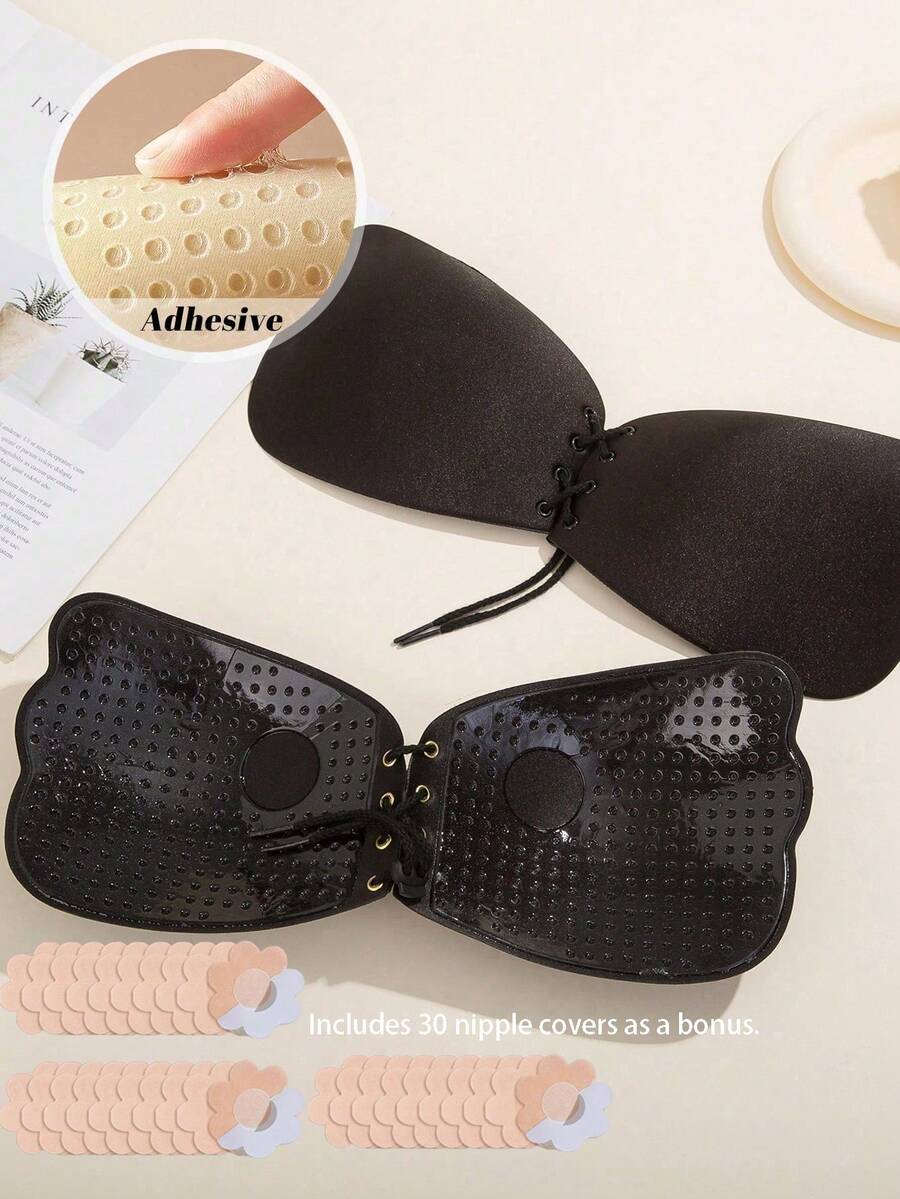 1pc Adjustable Drawstring Thickened Silicone Invisible Bra Pad, Strapless Push-Up Inner Pad, Suitable For Dress Outfit; Comes With 30pcs Nipple Covers - Black - View 1