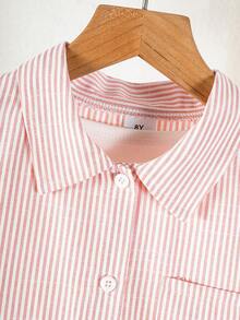 Girls' Long Striped Cotton Shirt, Spring/Summer, Korean Style, Holiday, Summer, Travel - Pink - View 3
