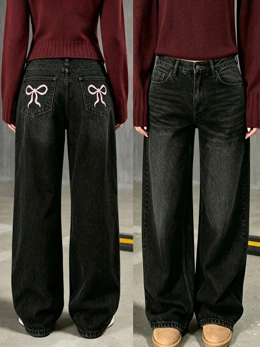 Teen Girl's Loose Fit Bow Print Denim Wide Leg Pants - Black - View 1