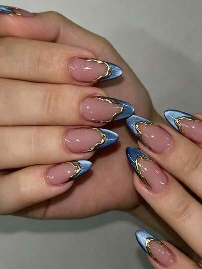 24pcs Medium Almond Shaped Nail Stickers, 3D Gel Gold French Blue Glitter Cat Eye Glossy Full Coverage Minimalist Style Summer Nail Art Set, Suitable For Women And Girls, Timeless, Easy To Apply