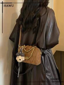 Quilted Faux Suede Mini Boston Bag For Women, Chain Handle Crossbody Purse, Small Shoulder Handbag With Bear Charm Pendant - Brown - View 3