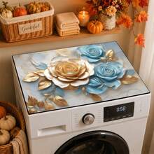 Luckybutterfly 1PC Luxury Blue & Gold 3D Rose Print Washing Machine Top Cover Pad, Anti-Slip Anti-Dust Countertop Protector, Laundry Room Decorative Table Mat - Multicolor - View 6