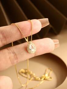 LEKANI S925 Sterling Silver Necklace 1pc Gold Fashion Design Water Drop Shape Pendant Necklace Simple Elegant Gift For Girlfriend Best Friend Exquisite Gift Niche Daily Wear Collarbone Chain Necklace - Gold - View 2