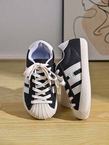 Kids Leopard Print Lace-Up Casual Sneakers, Soft Sole Non-Slip Retro Sports Shoes For Boys And Girls - Black - View 1