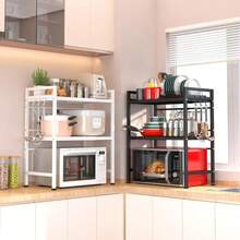 Rejilla extensible de 3 niveles para horno microondas de cocina color negro, organizador multifuncional para electrodomésticos, platos, especias y utensilios, diseño ajustable que aprovecha el espacio vertical de la encimera, estructura resistente y estable, ideal para cocinas pequeñas, fácil de montar y limpiar, - Blanco - Ver 11